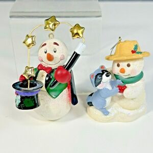 Hallmark Enesco Ornaments Lot Sparkly Snowmen With Cute Animal and Magic Hat